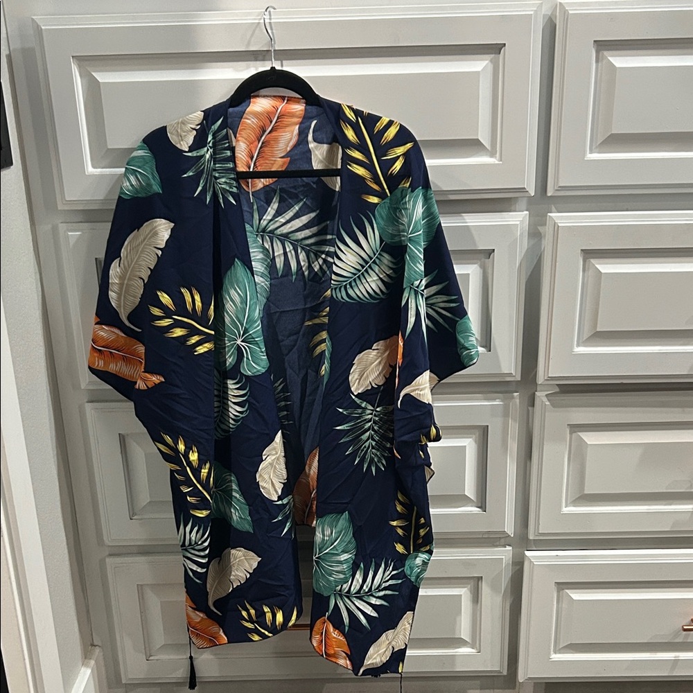 Tropical Leaf Print Kimono Jacket